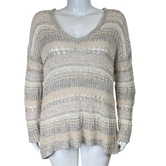 Lucky Brand V Neck Striped Sweater Open Knit Size XL - Picture 1 of 6